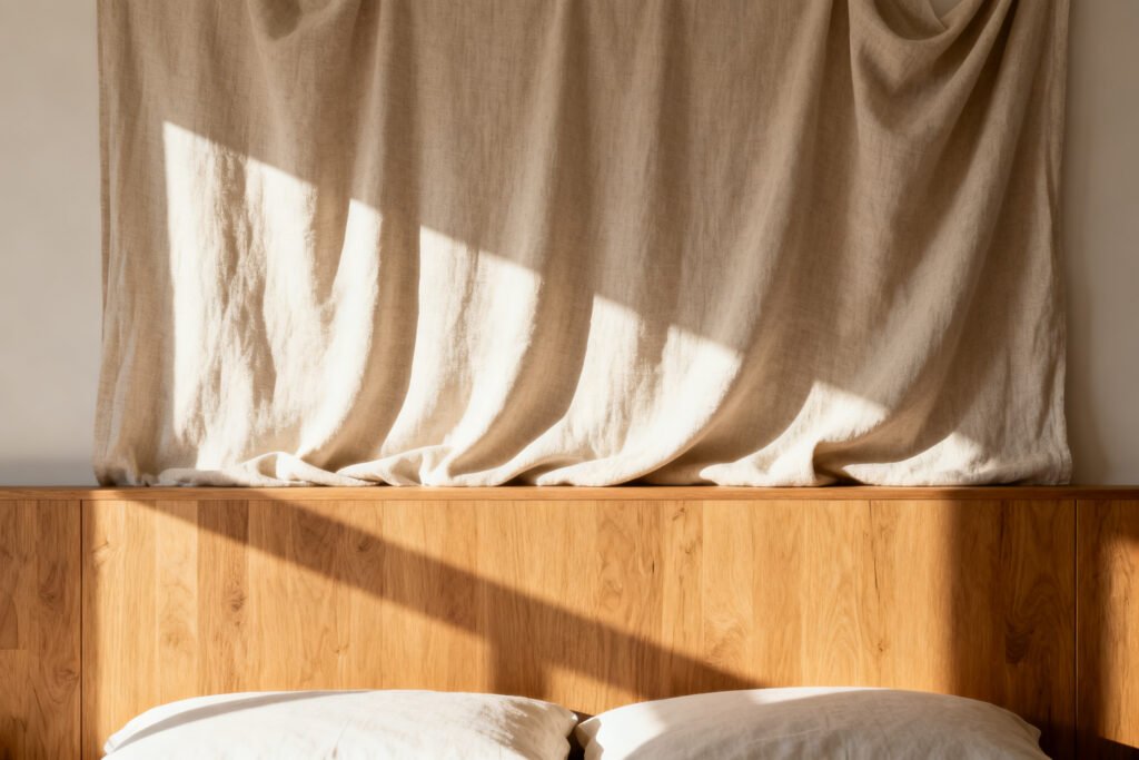 Fabric-draped accent wall behind a headboard