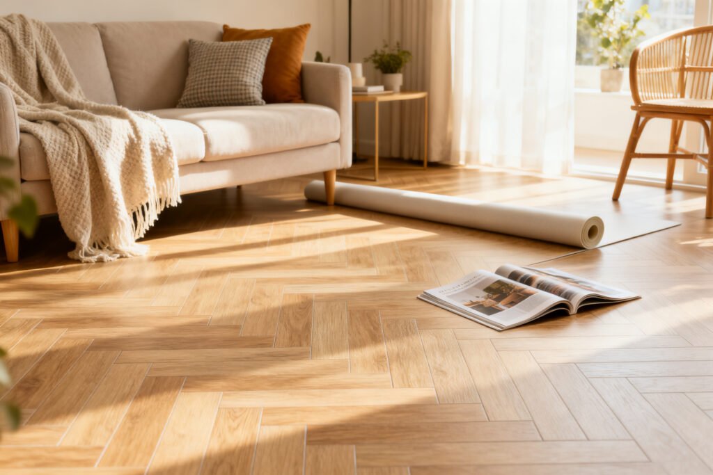 A styled view of peel-and-stick removable vinyl flooring in a bright room