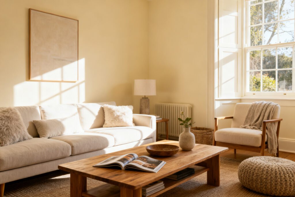 Living room with eggshell walls
