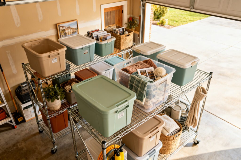 Overhead garage racks holding seasonal bins