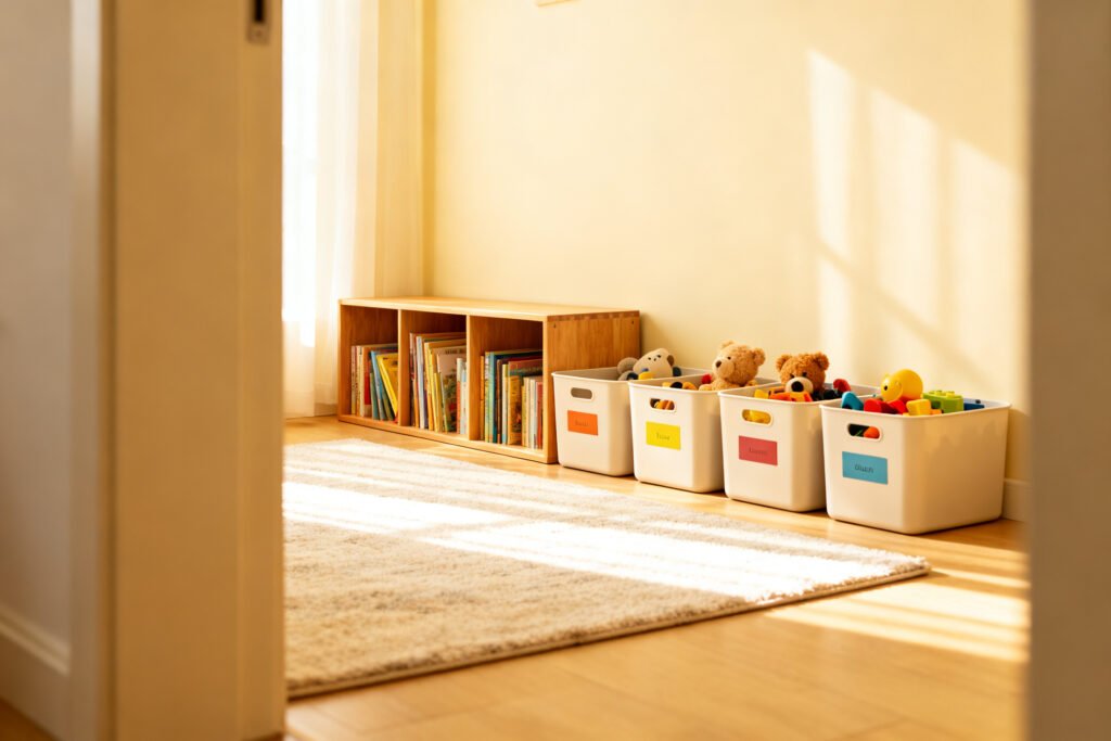 Kids room with low bookshelf and toy bins