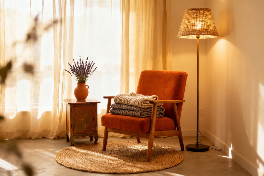 A warmly lit cozy corner