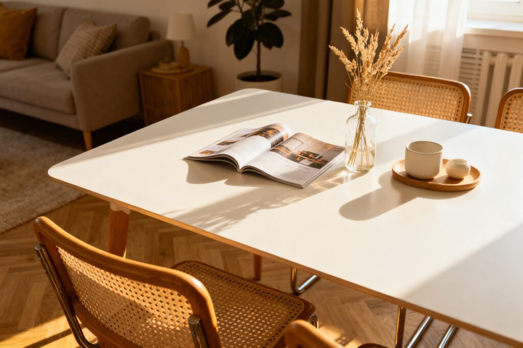 A styled view of an everyday styled dining table with simple decor
