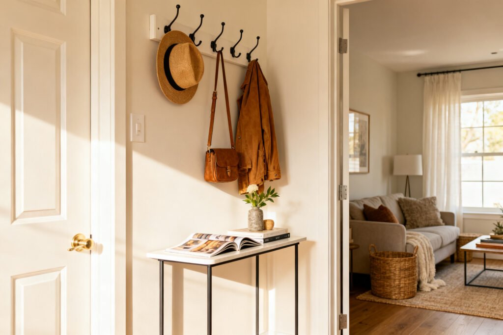 A styled view of a styled small apartment entryway with hooks and a slim table
