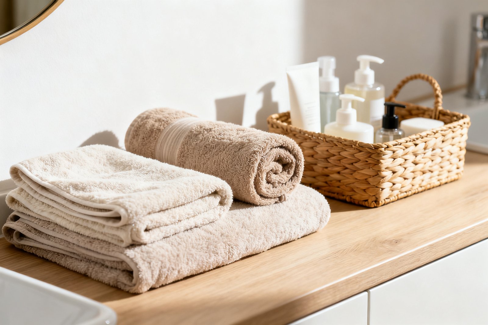 Folded towels and a basket of toiletries arranged neatly