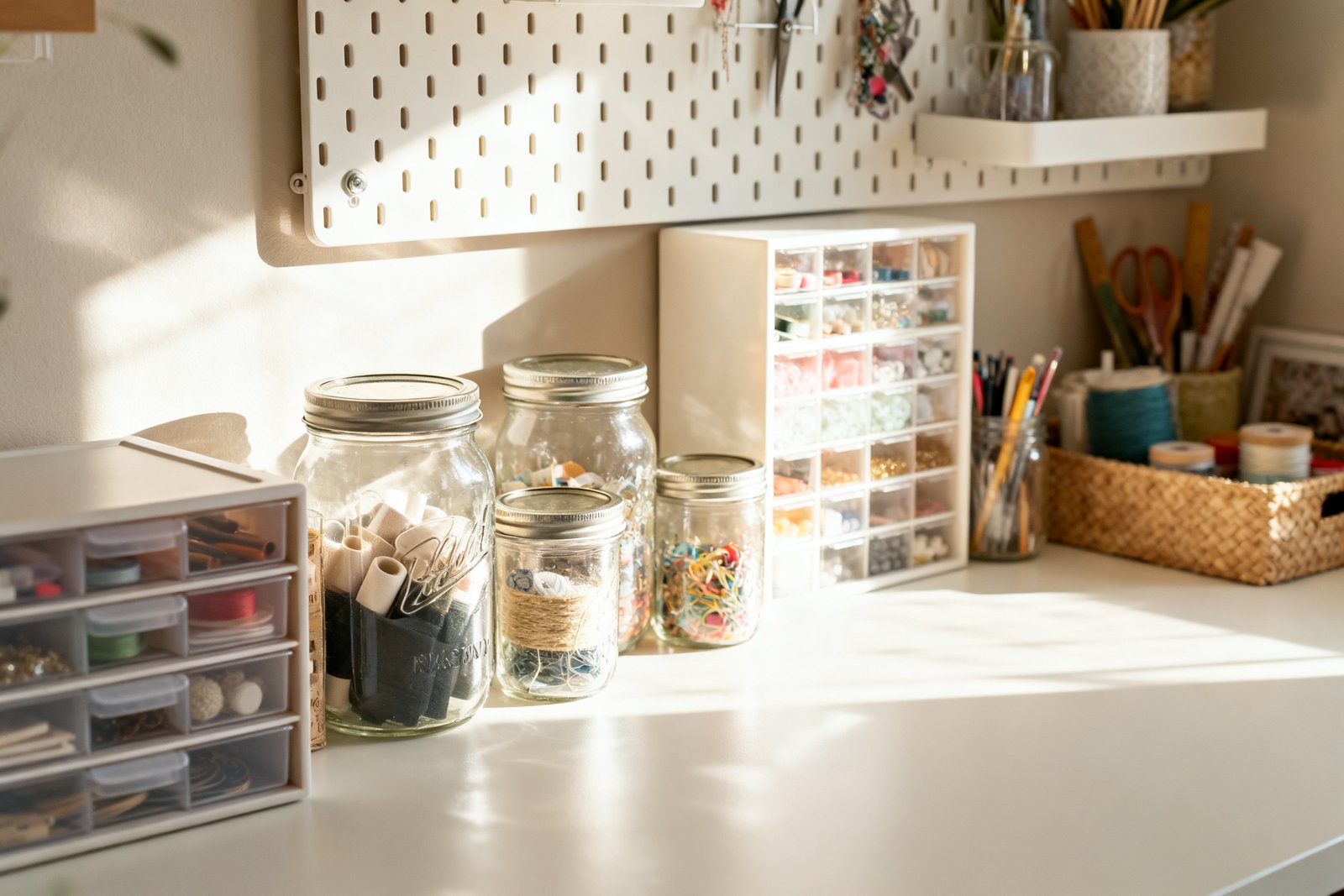 A neatly organized small craft nook with labeled clear jars, a pegboard, and stacked bins on a desk