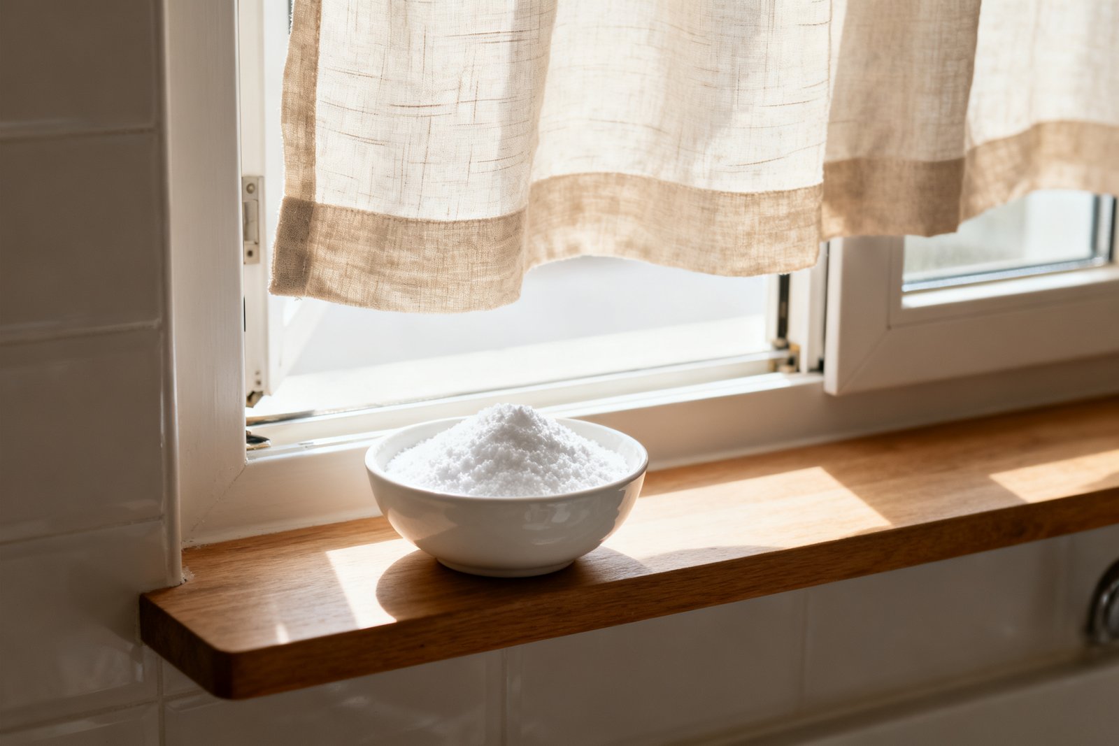 An open window with a linen curtain and a small bowl of baking soda on a shelf