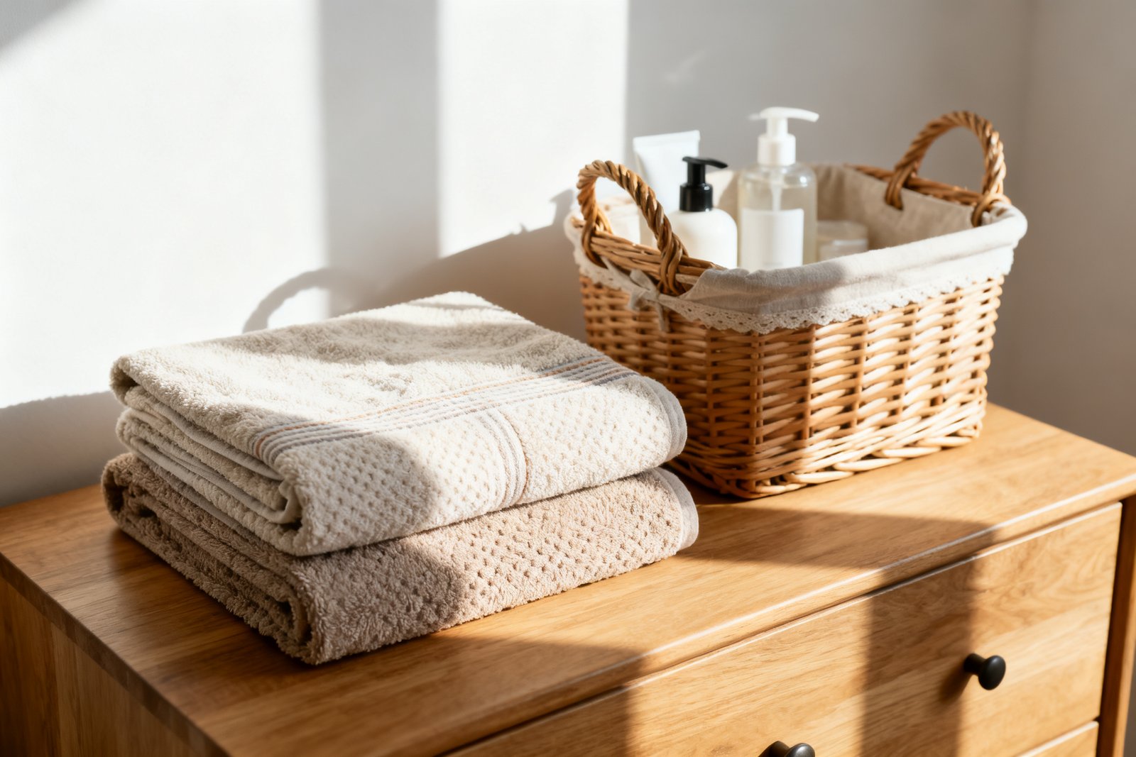 A folded towel set and toiletries basket ready for guests on a dresser
