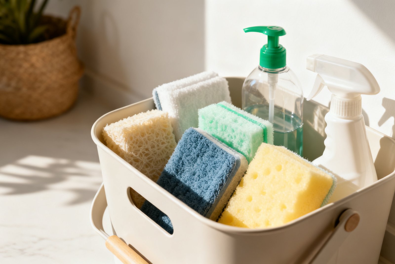 A cleaning caddy filled with neatly arranged supplies