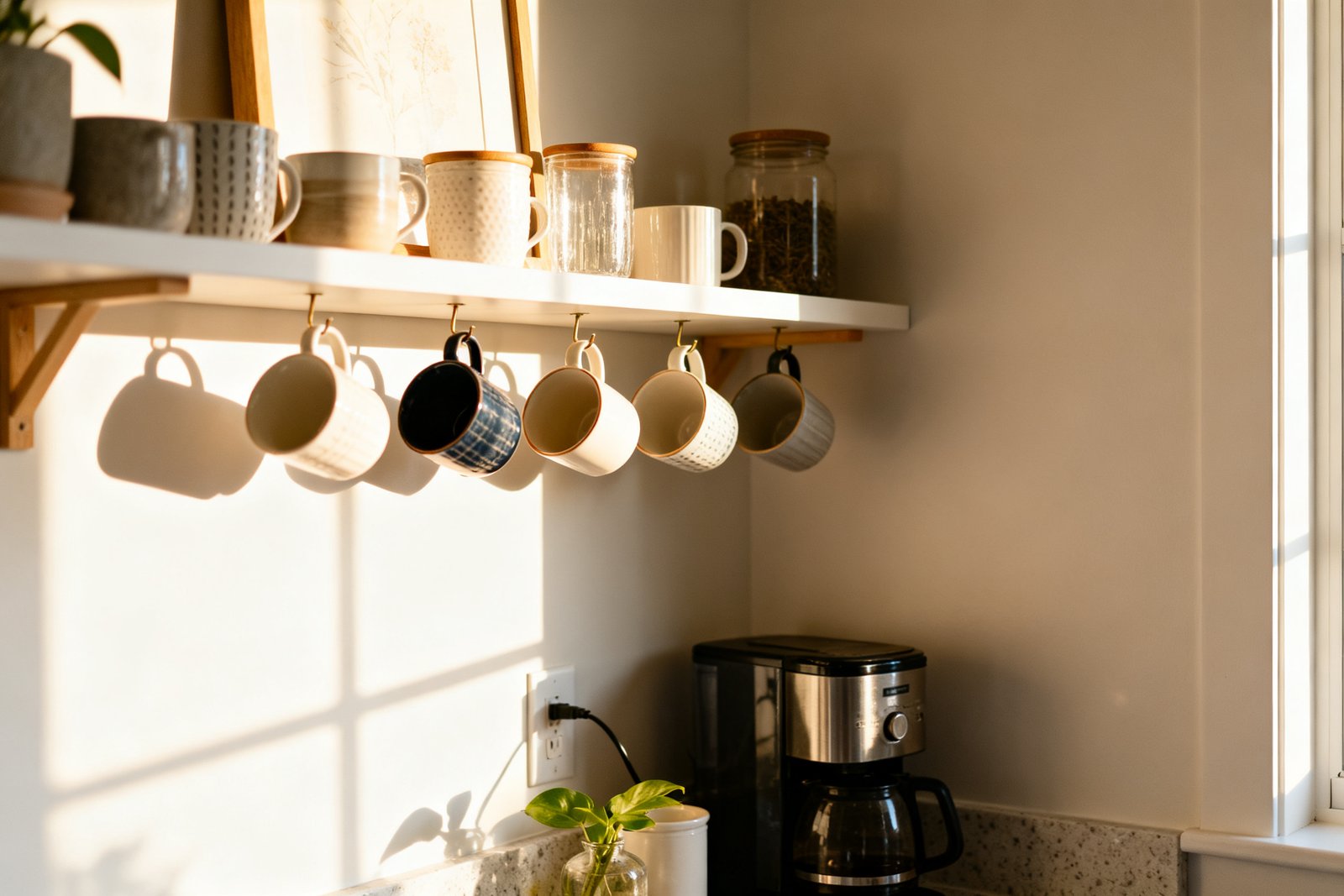 A cozy corner coffee bar with a shelf of mugs and warm morning light