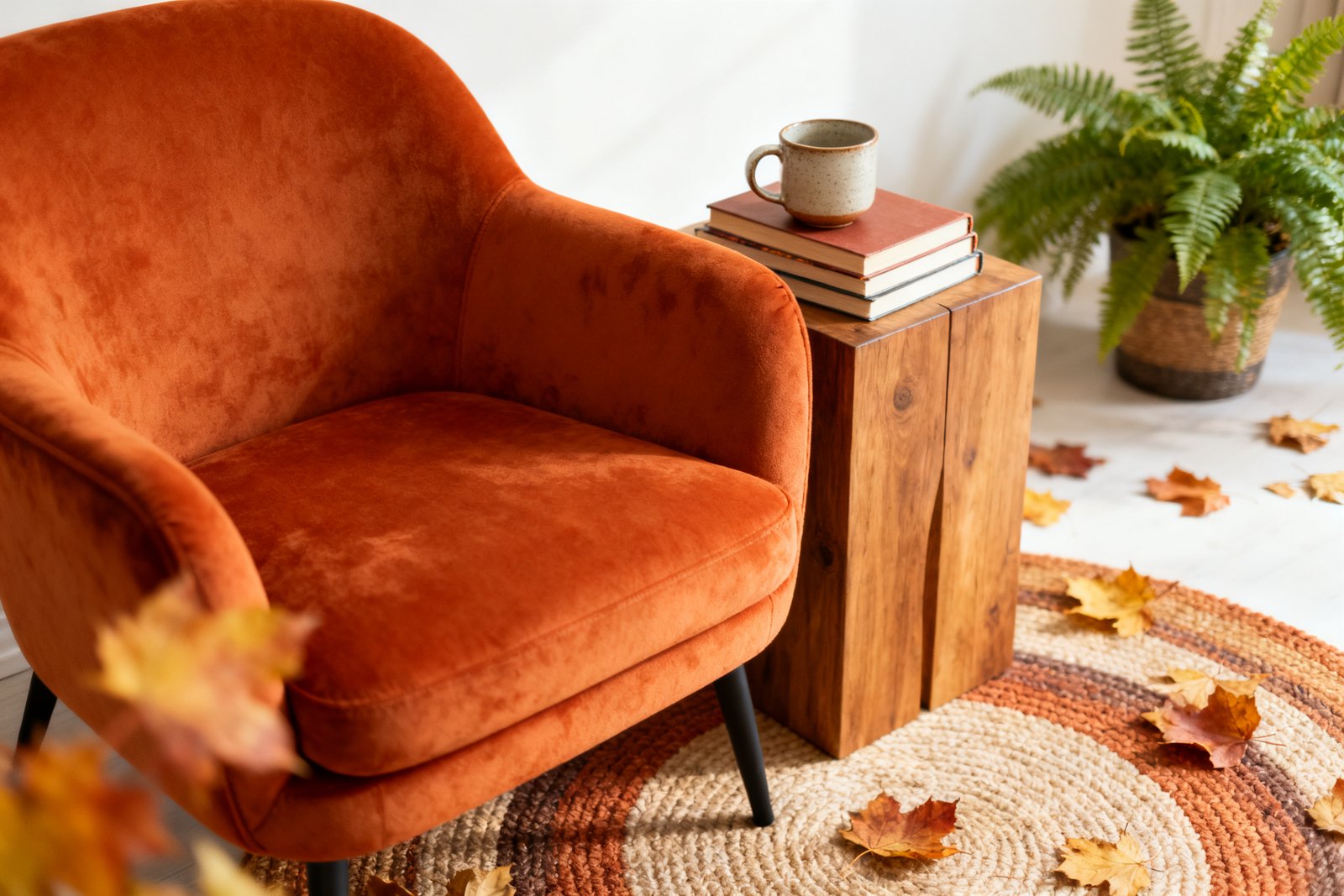 A cozy autumn living room corner with soft warm lighting