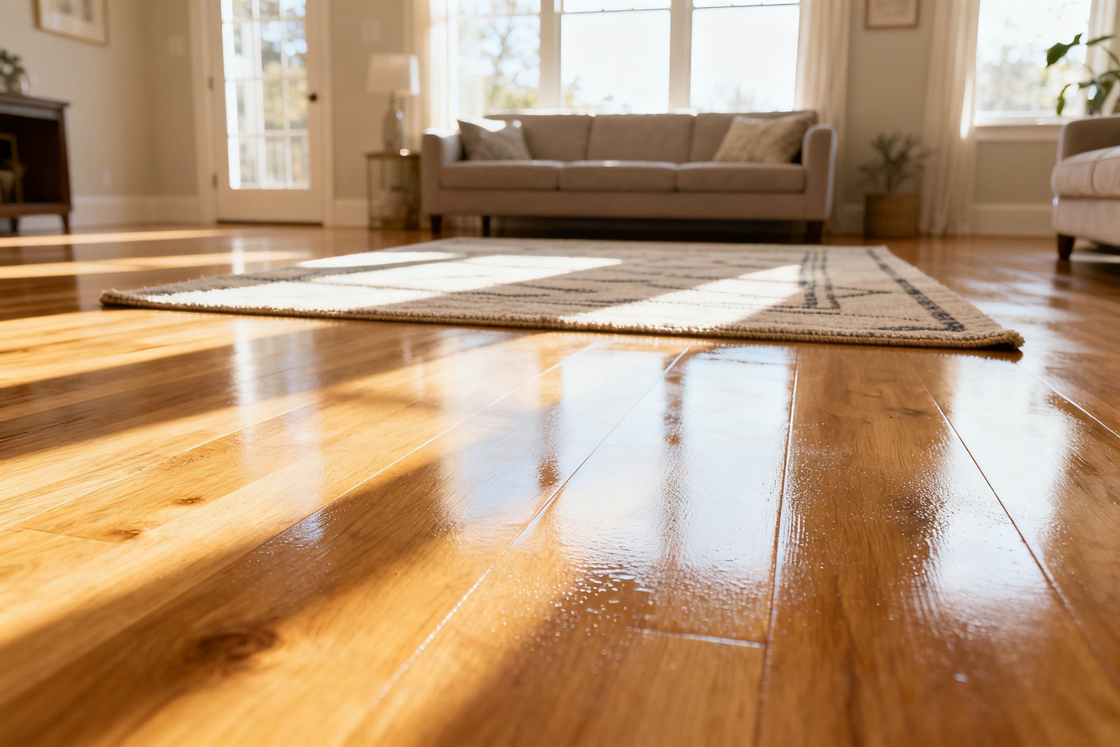 A clean, freshly mopped wood floor in a bright living room with a tidy rug and soft natural light