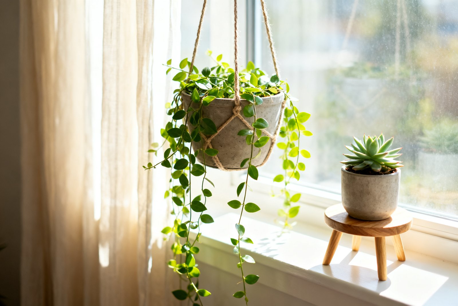 A hanging planter and a small plant stand by a window