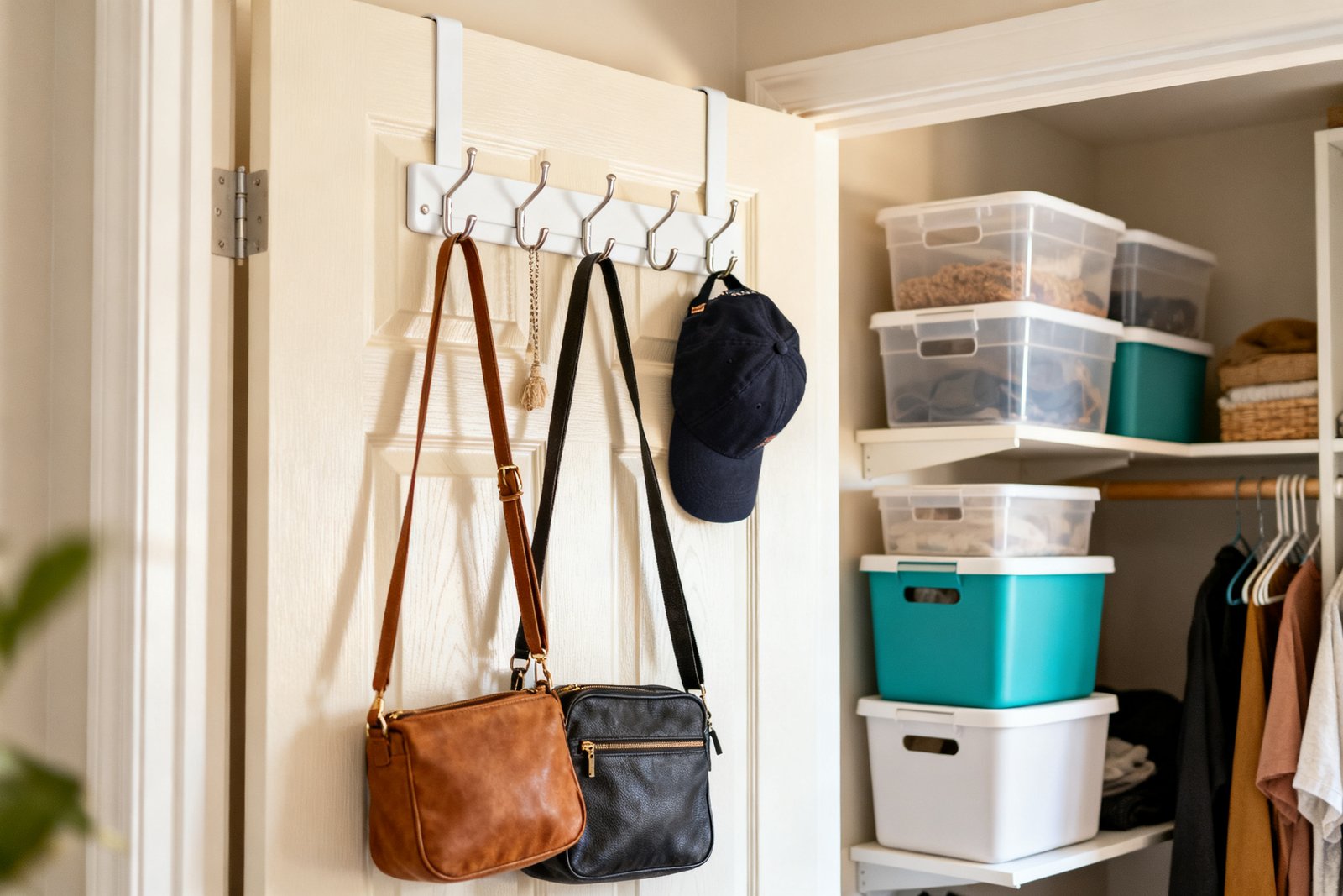Over-door hooks and storage bins maximizing a small dorm closet