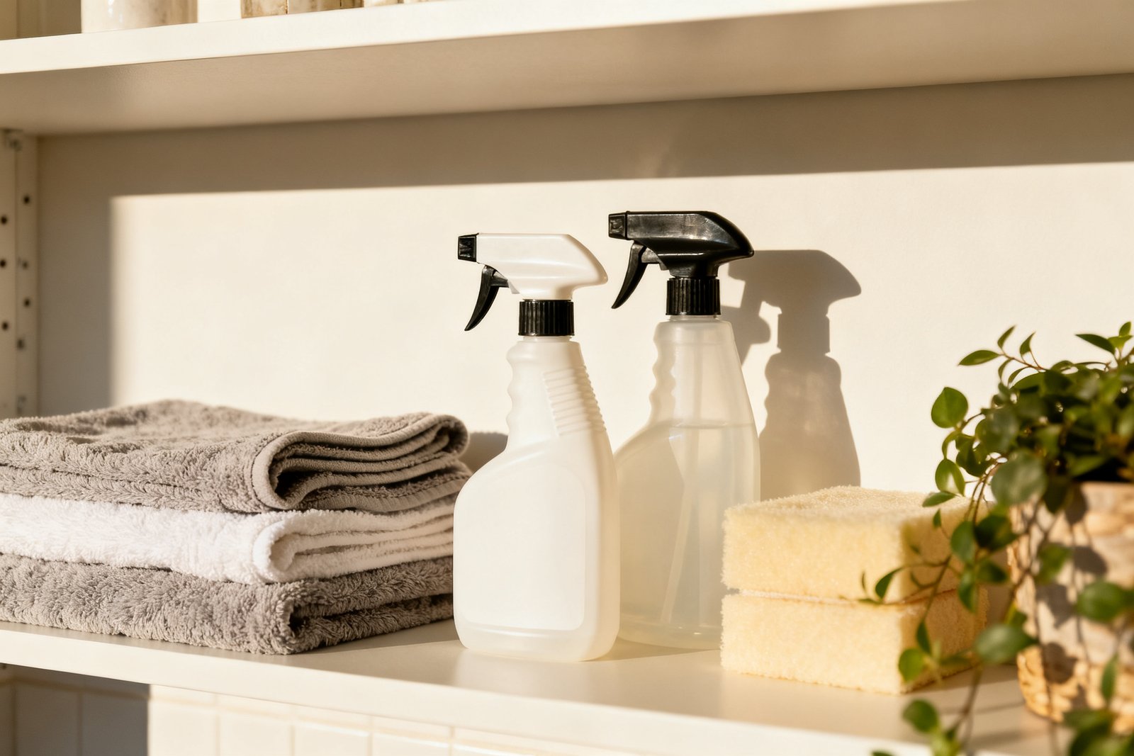 Labeled spray bottles and cloths on a tidy shelf