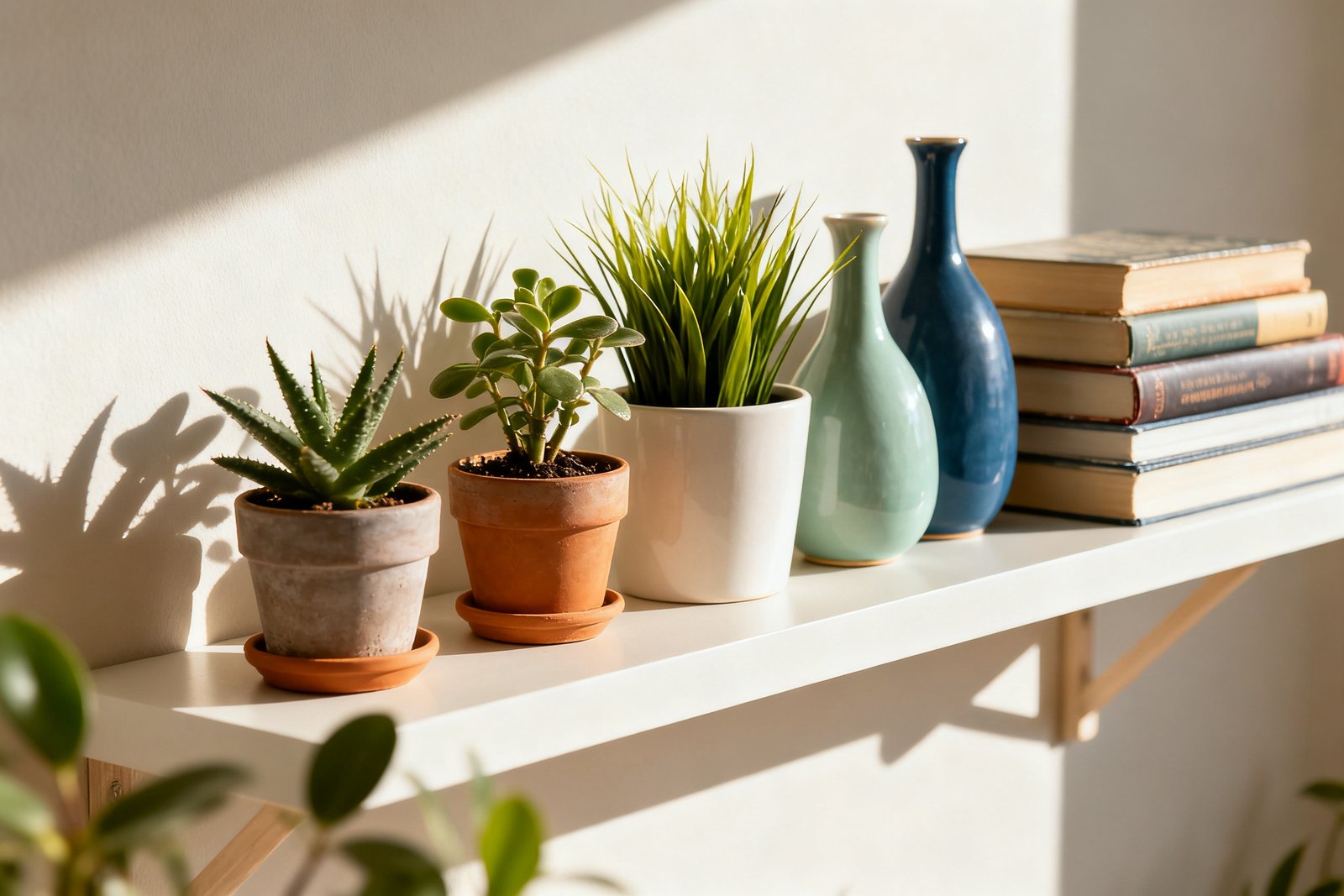 A styled shelf using a cohesive three-color palette
