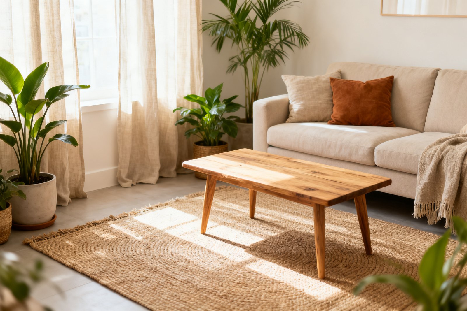 A styled living room in a cohesive warm neutral color palette with coordinated décor, airy and bright