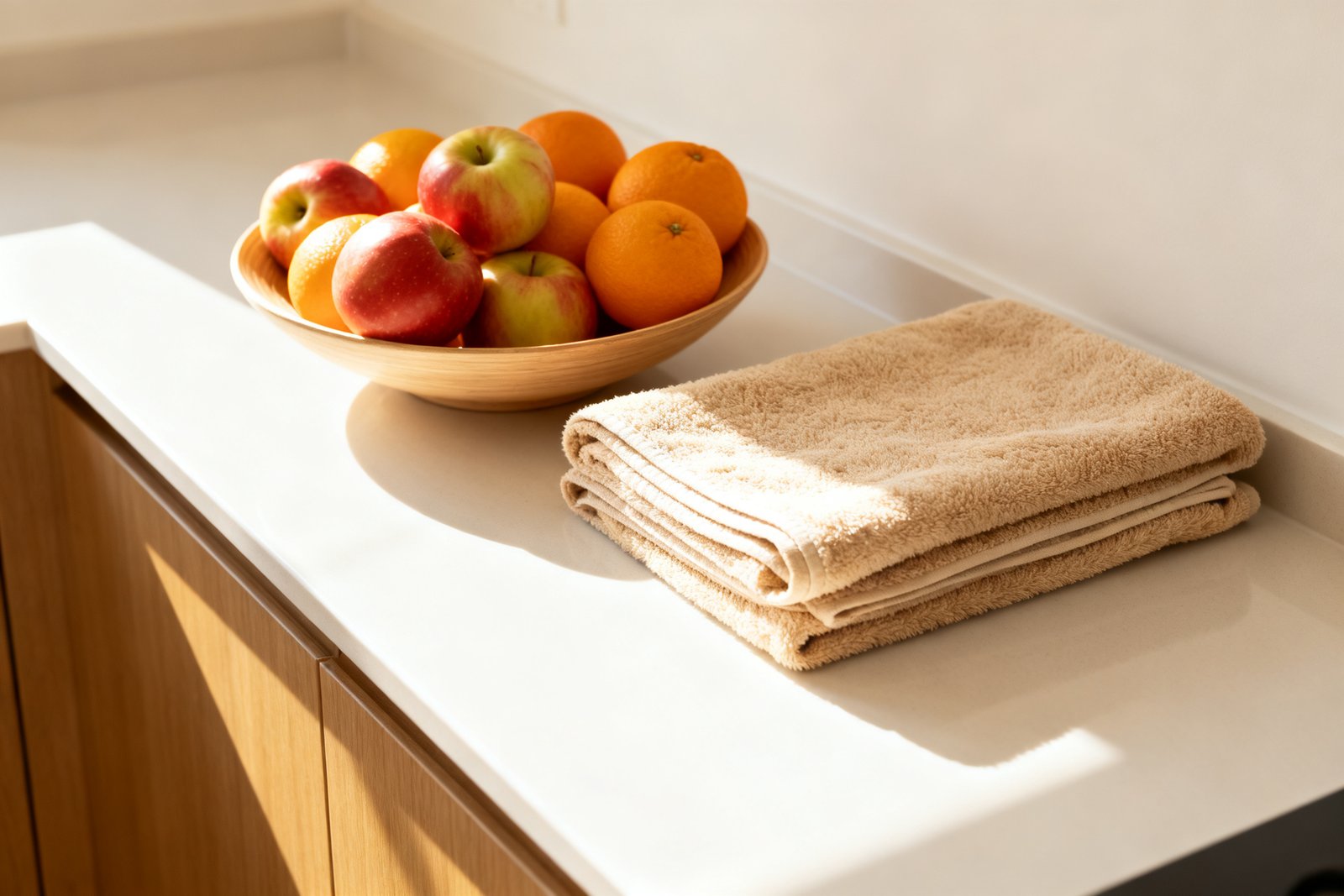 A clutter-free counter with a fruit bowl and a folded towel