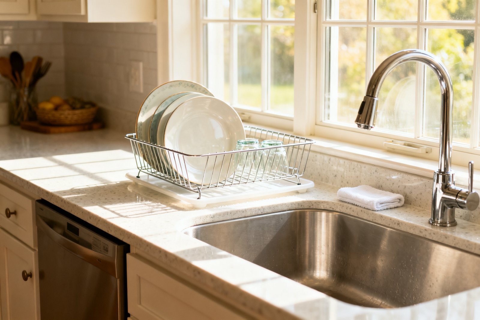 A sparkling clean, tidy kitchen with clear countertops, a single dish rack, and a wiped-down sink, bright morn