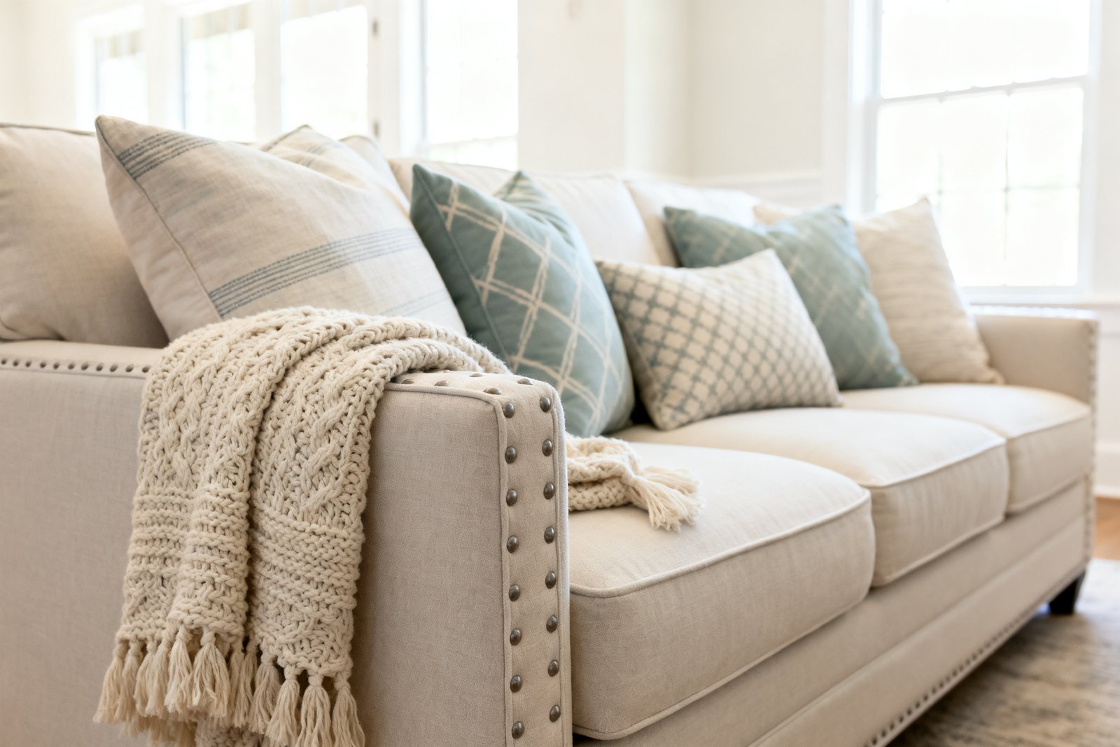 A designer-styled sofa with layered throw pillows and a cozy knit blanket in a bright living room