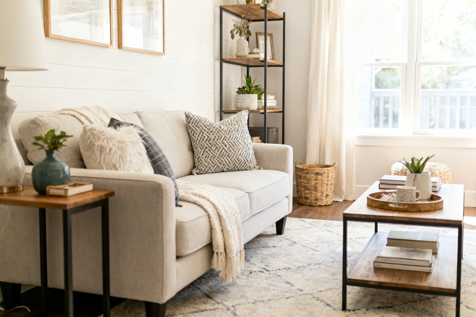 A small living room furnished smartly with a loveseat, slim console, and multi-use pieces, bright and open