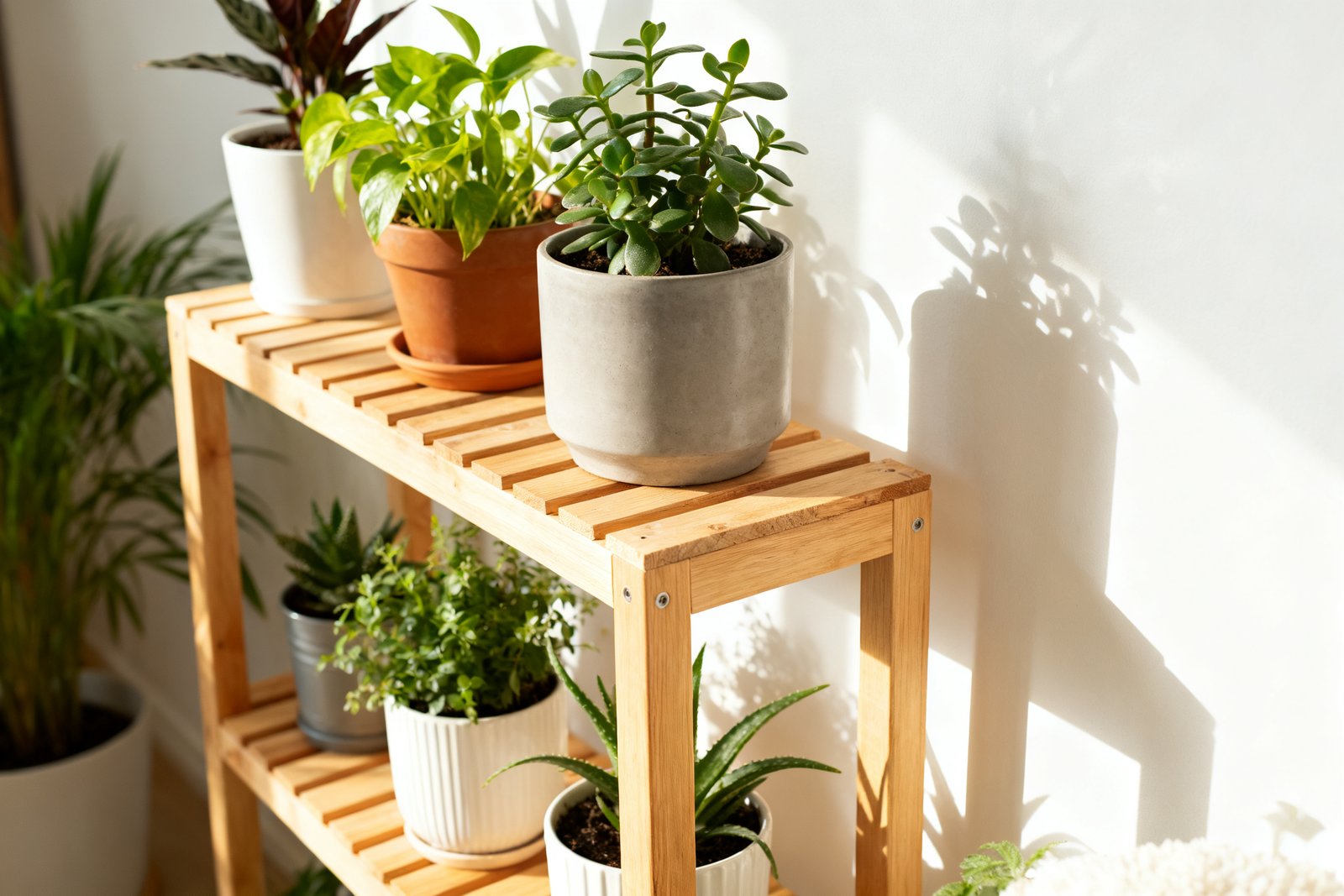 A wooden DIY plant stand with several potted plants