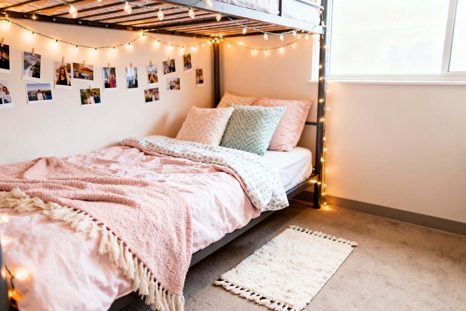 A cozy budget dorm room with string lights, layered bedding, a small rug, and wall photos, cheerful and inviti