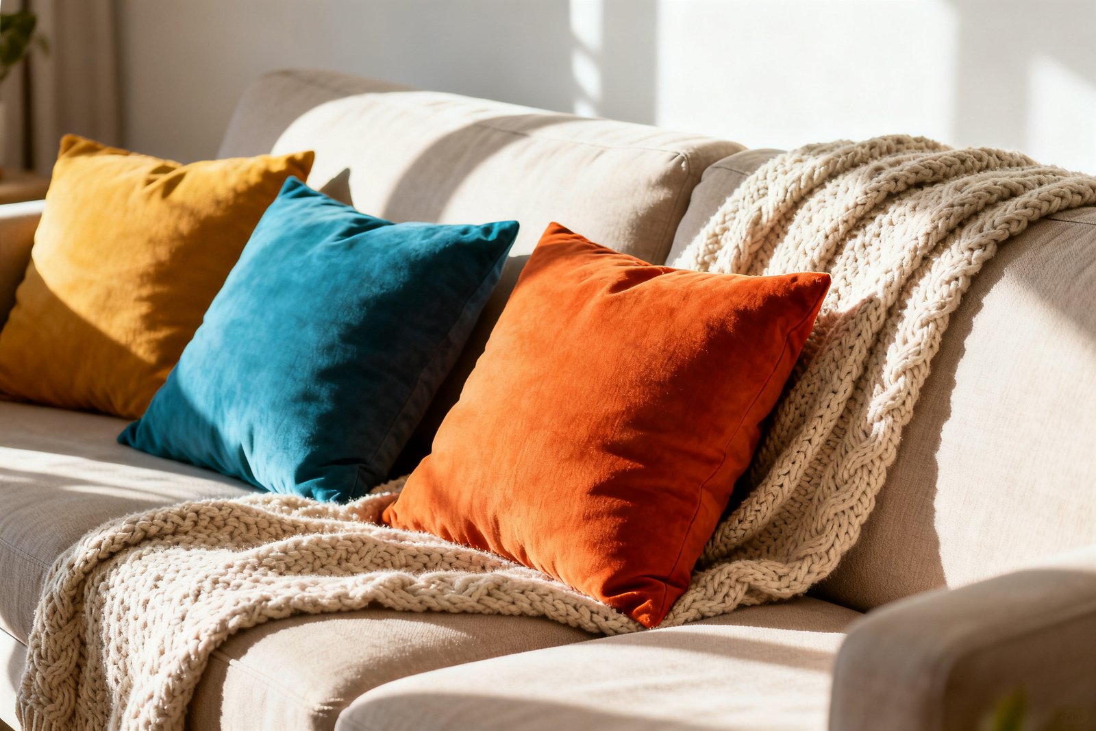 Colorful throw pillows and a knit blanket layered on a neutral sofa