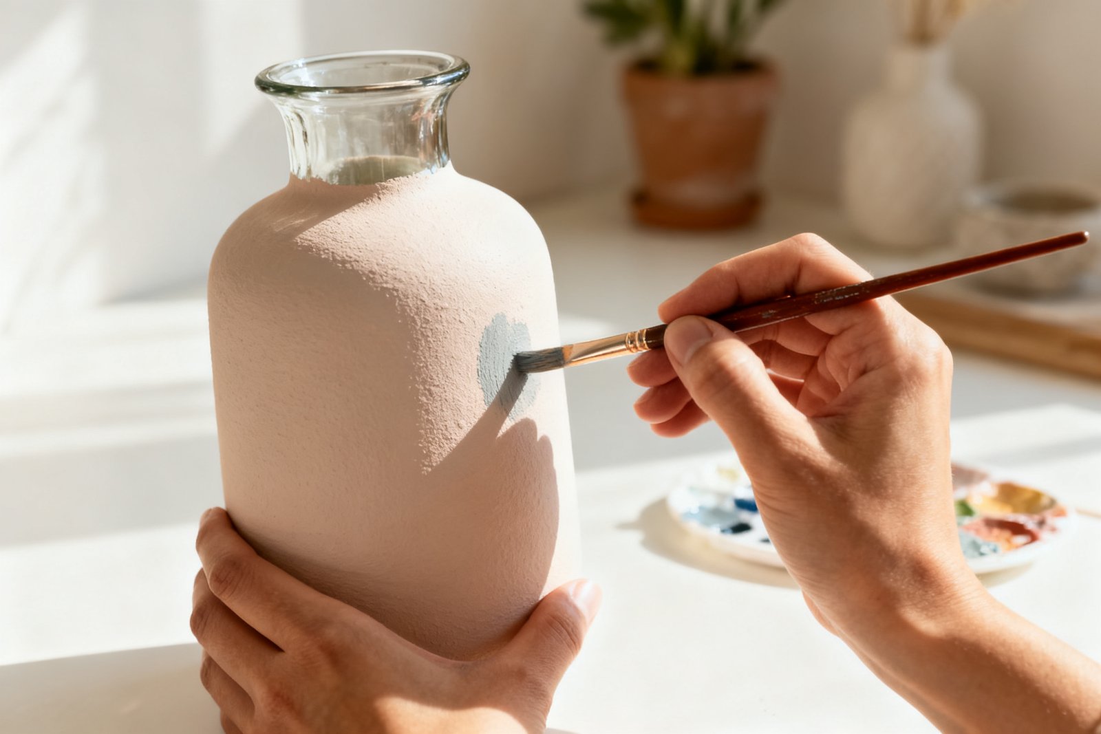 Hands painting a glass vase a soft matte color