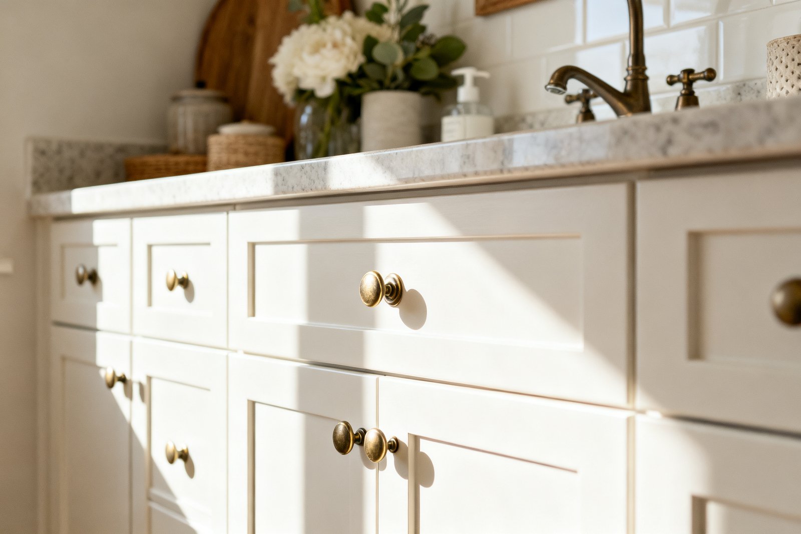Updated cabinet hardware and a styled counter