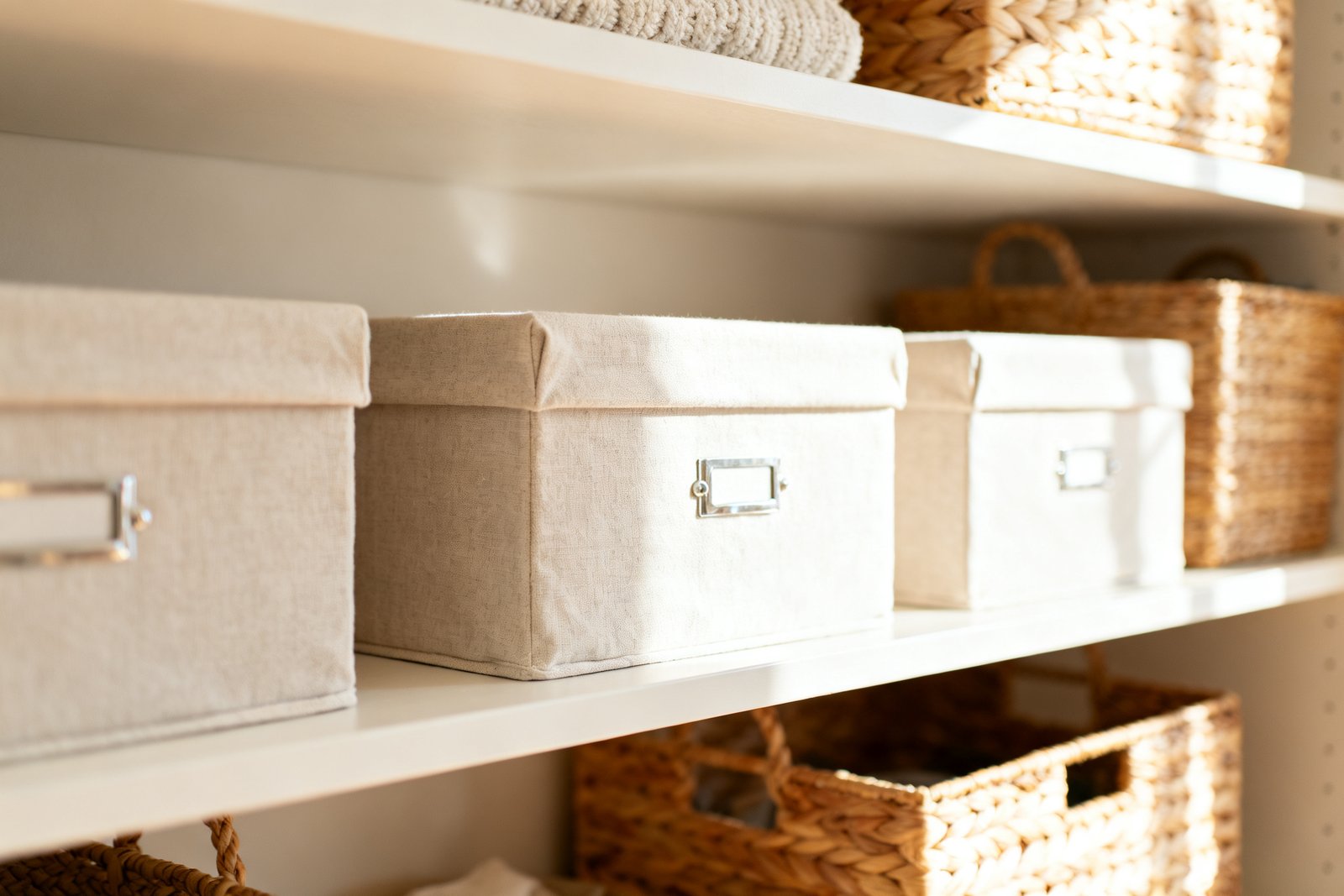 A shelf styled with matching covered storage boxes and baskets