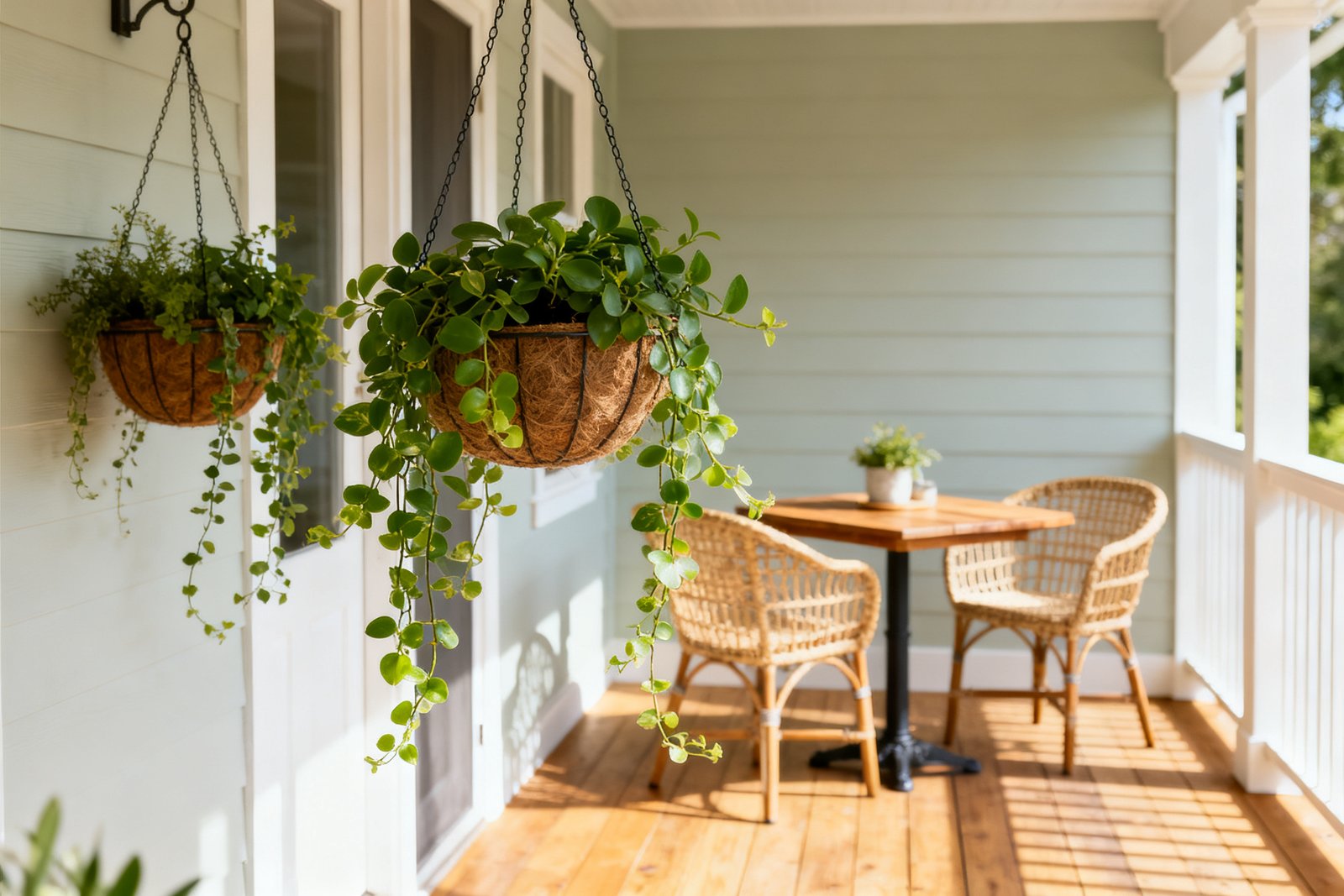 Hanging planters and a small bistro set on a porch