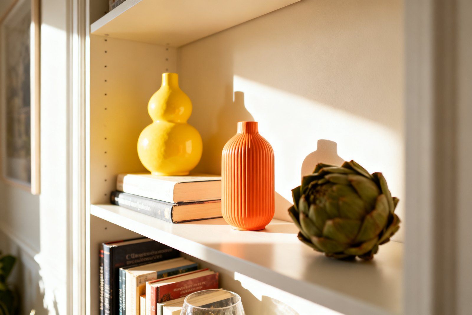 A bookshelf styled with a few bright decor accents against neutral walls