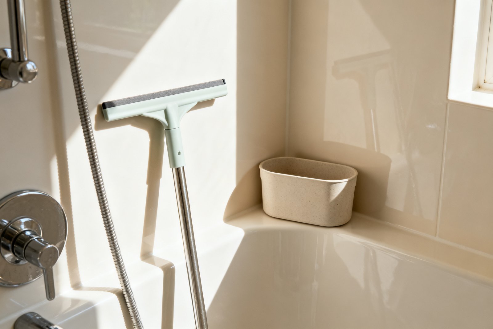 A clean shower with a squeegee and a simple caddy