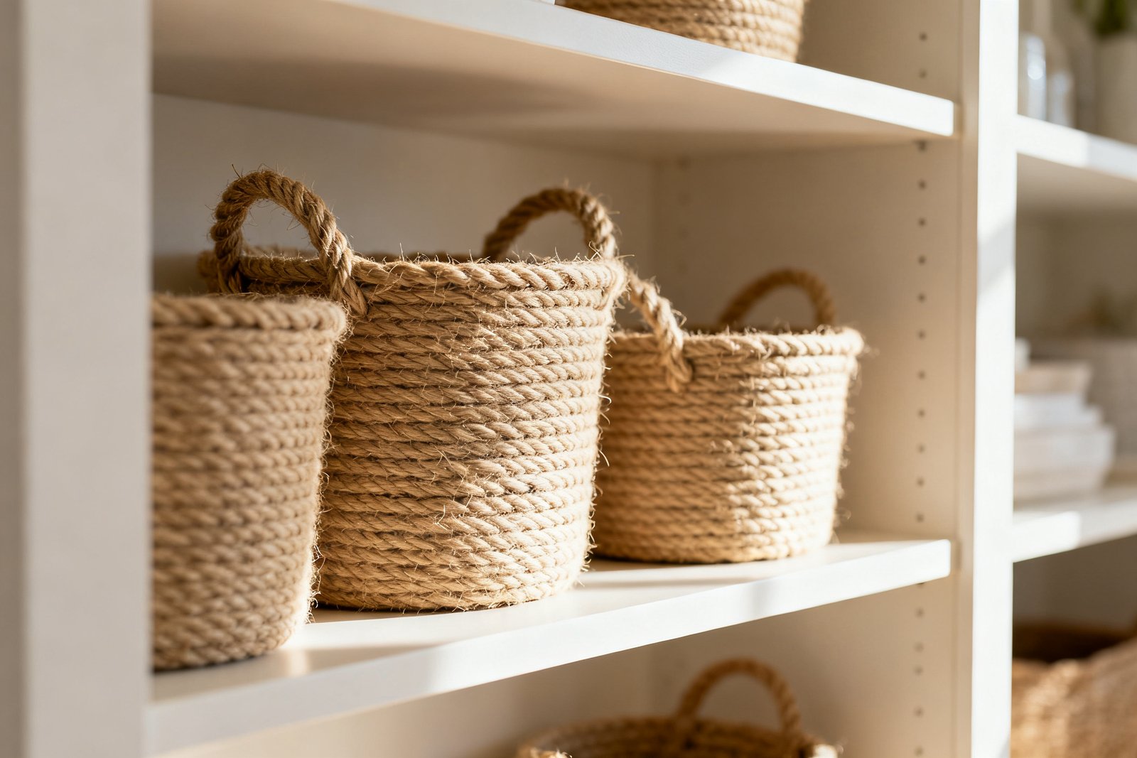 A set of DIY rope baskets styled on open shelving