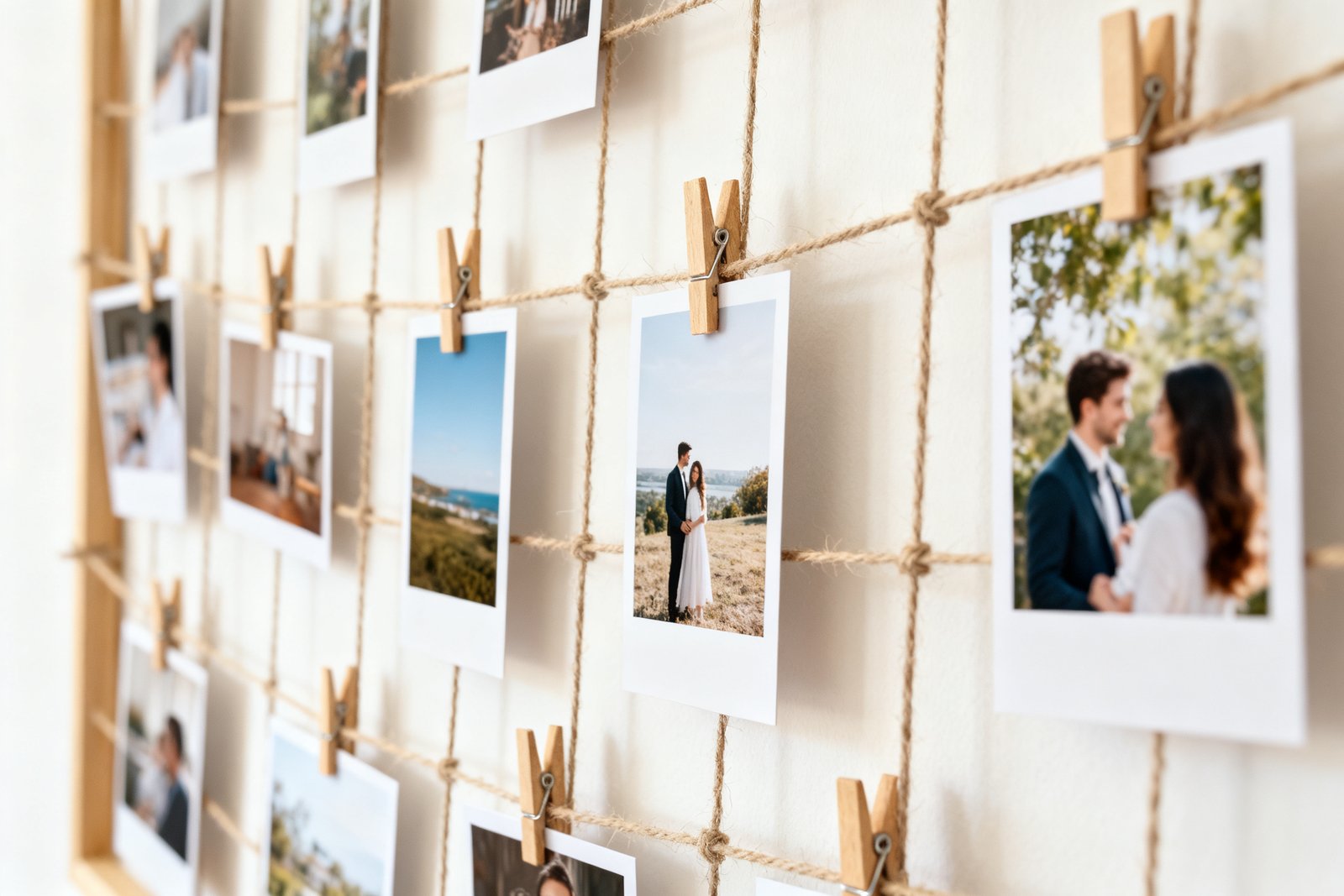 A photo display with clips and twine on a wall