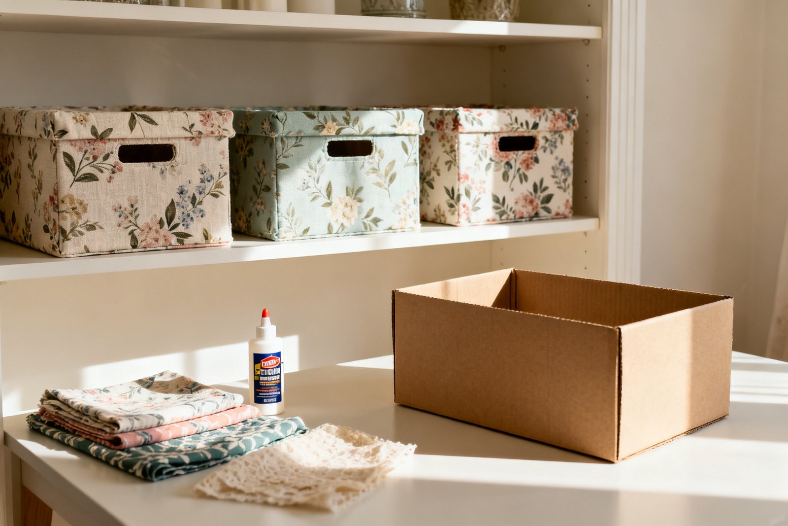 Decorative fabric-covered storage boxes on a shelf mid-DIY, with fabric, glue, and a plain cardboard box on a