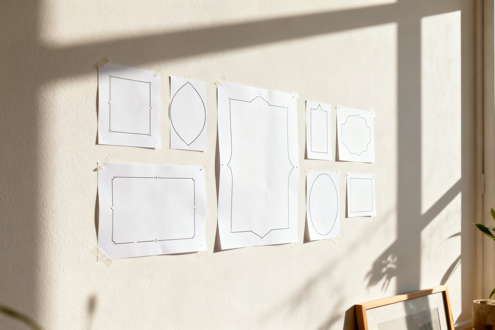 Planning art placement with paper templates on a wall