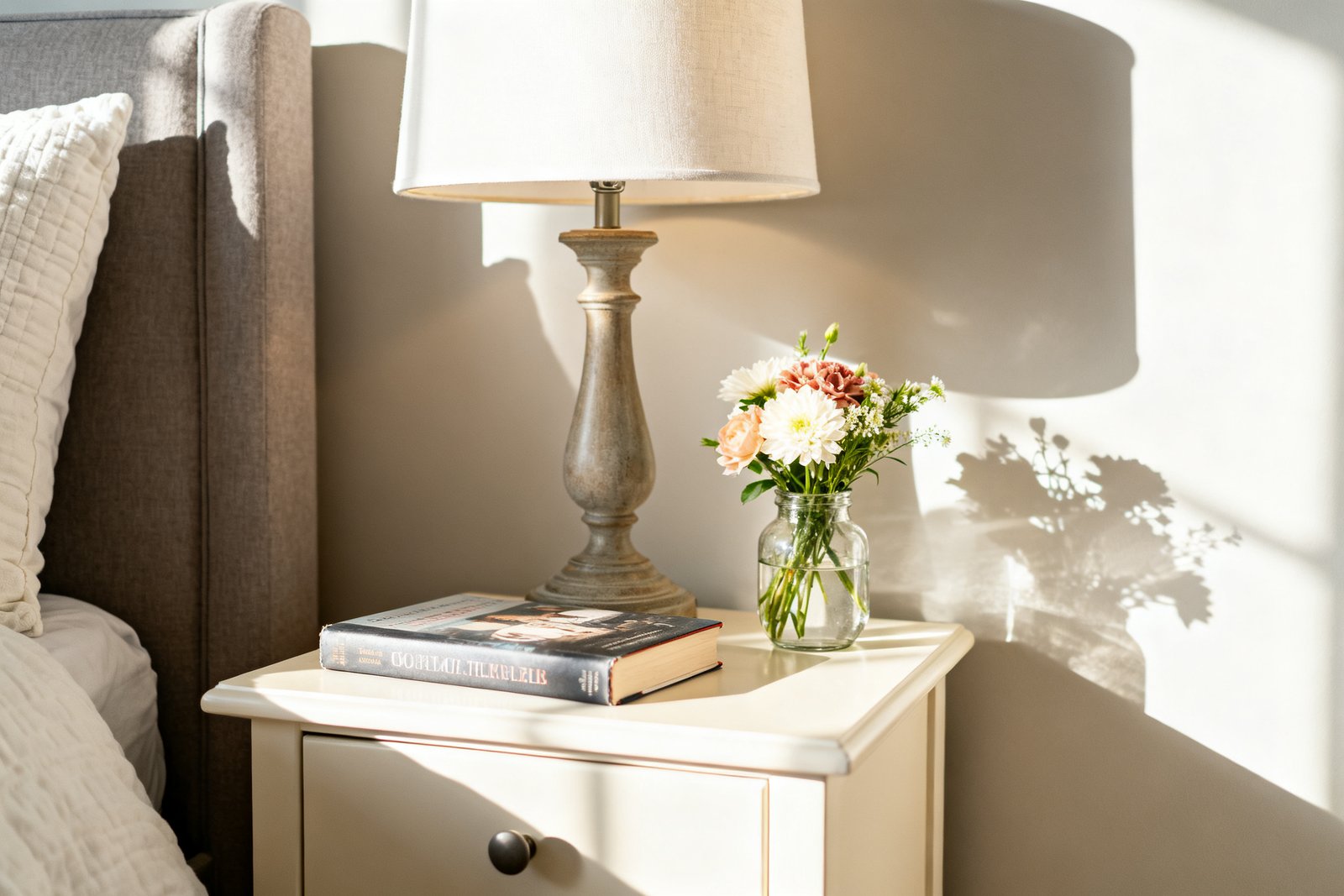 A styled nightstand with a lamp, book, and small vase of flowers