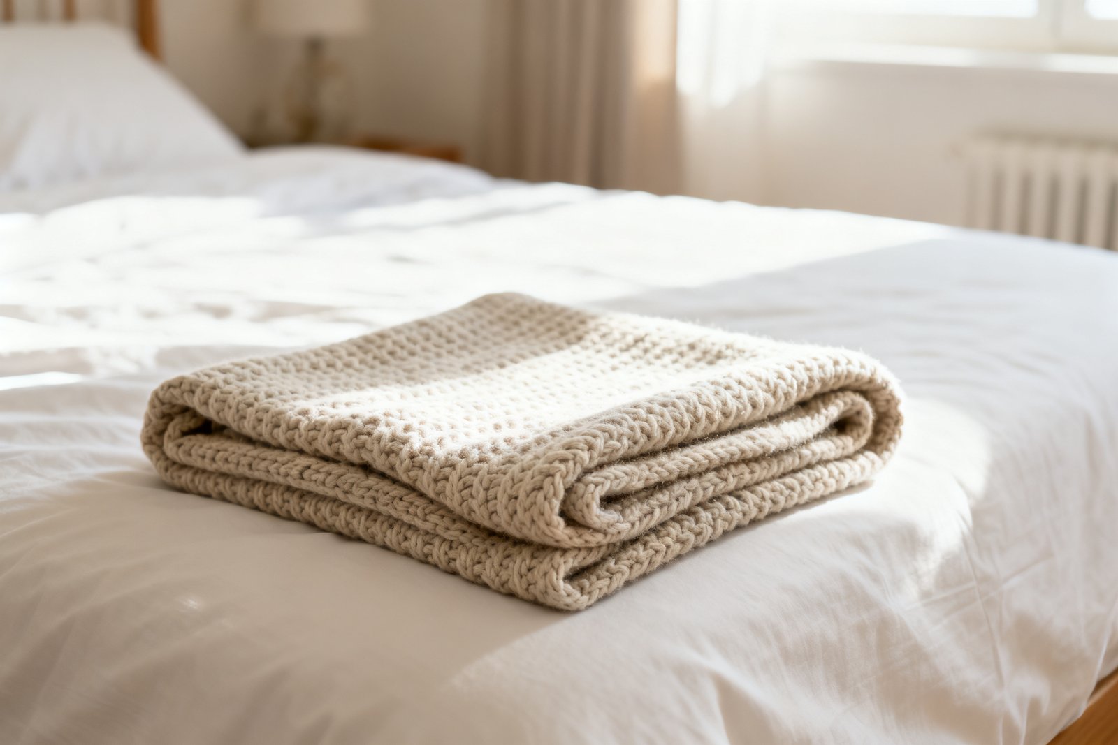 A folded knit throw draped neatly across the foot of a bed