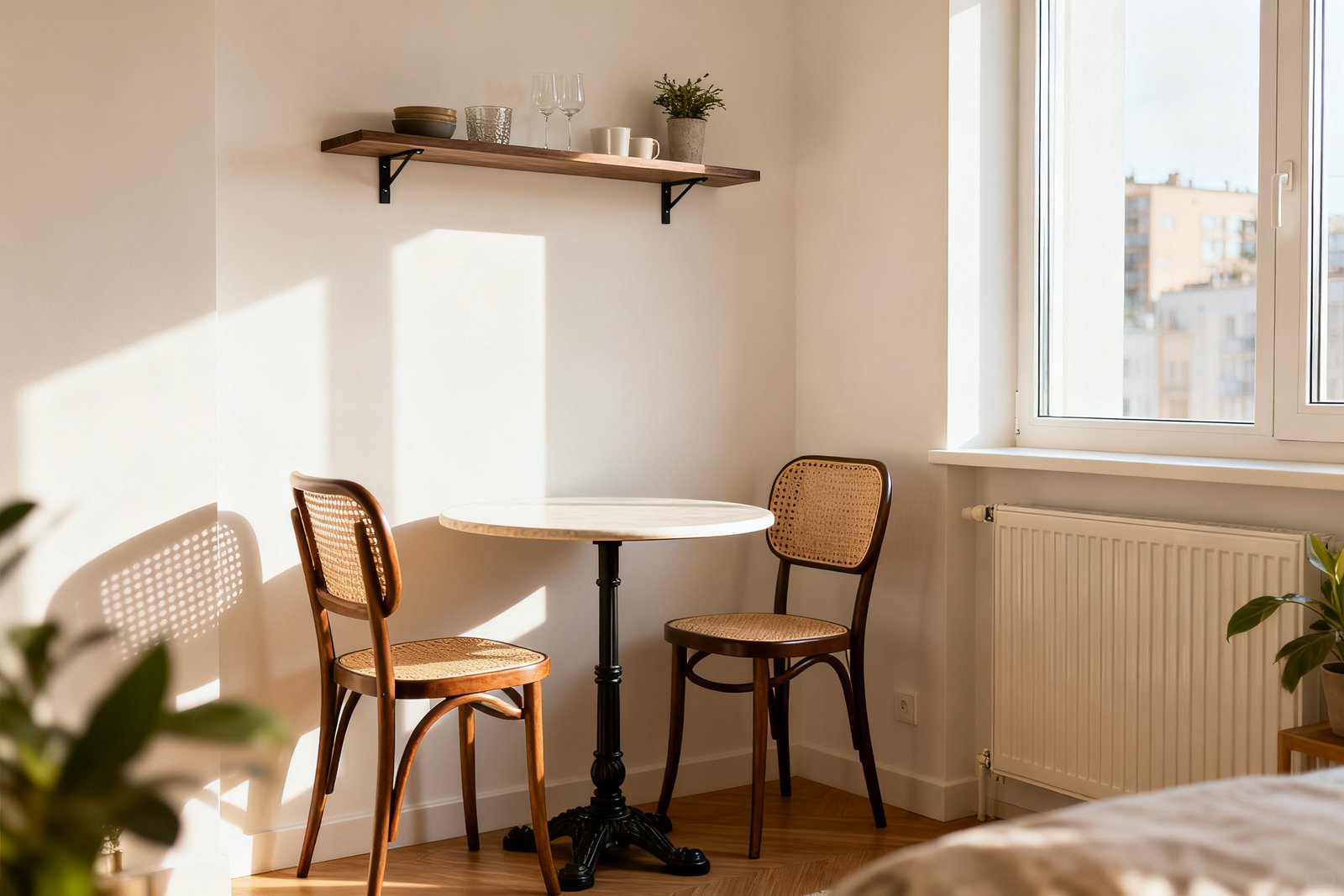A small apartment dining nook with a round bistro table, two chairs, and a wall shelf, space-saving and stylis