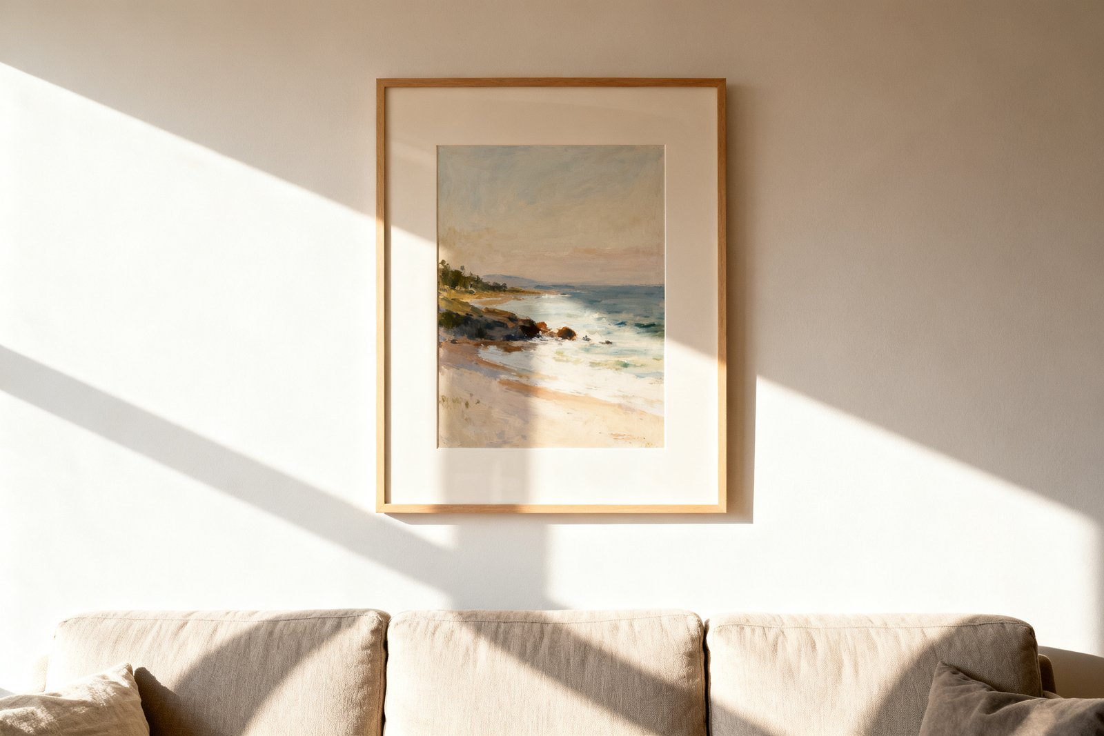 A living room wall with well-proportioned framed art centered above a sofa, balanced and bright