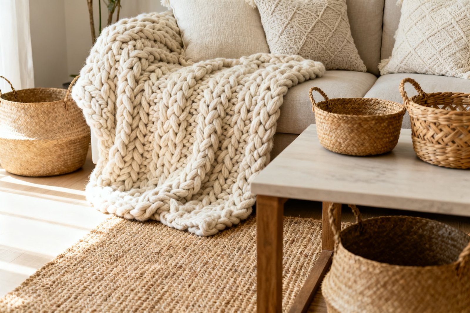 A cozy living room layered with a chunky knit throw, woven baskets, a jute rug, and soft textured pillows, war