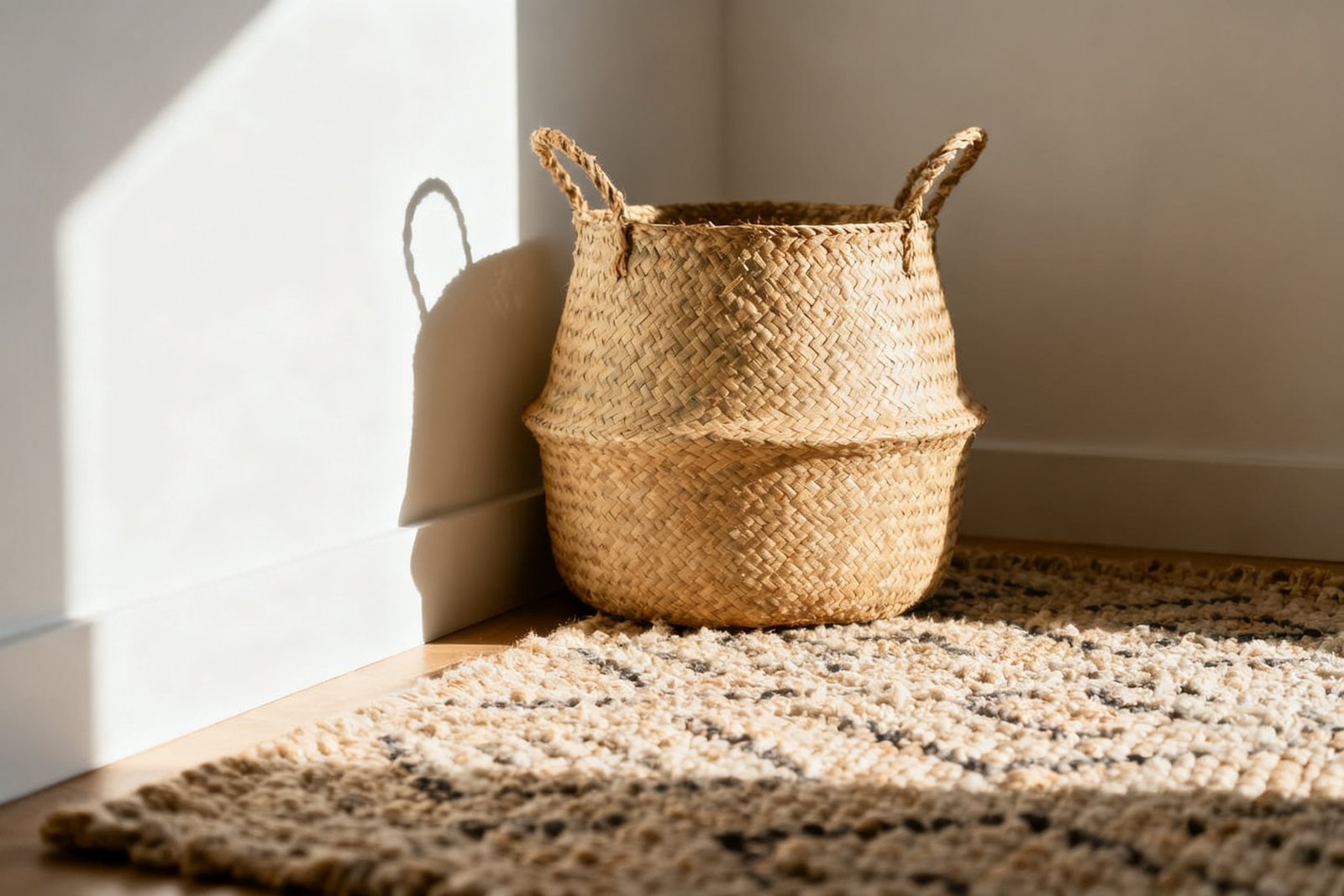 A woven basket and a nubby rug adding texture to a corner