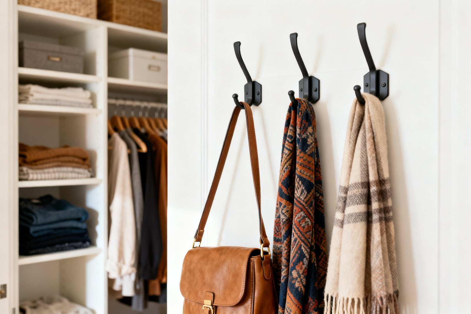 Hooks holding bags and scarves inside an organized closet