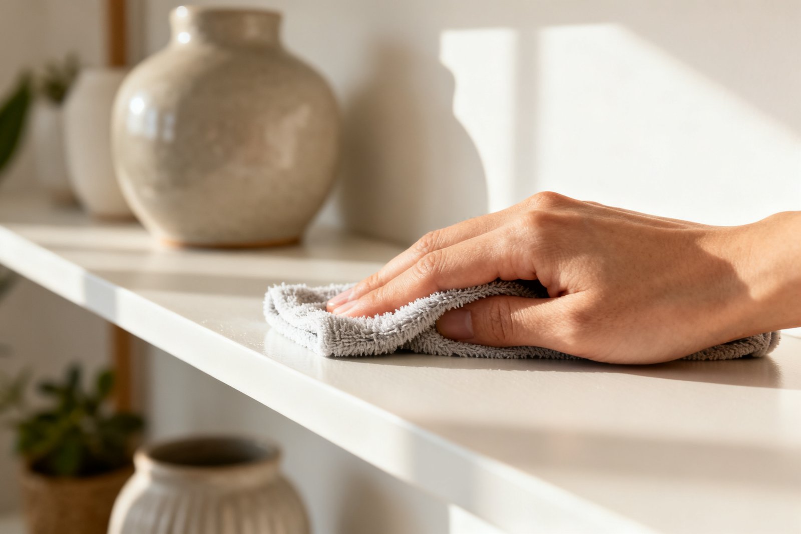 A microfiber cloth wiping a clean shelf