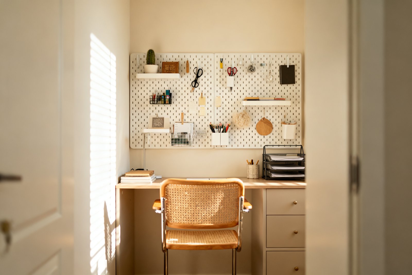 A cloffice with pegboard organization and a chair