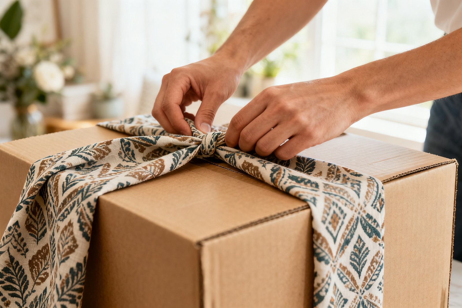 Hands wrapping a cardboard box in patterned fabric
