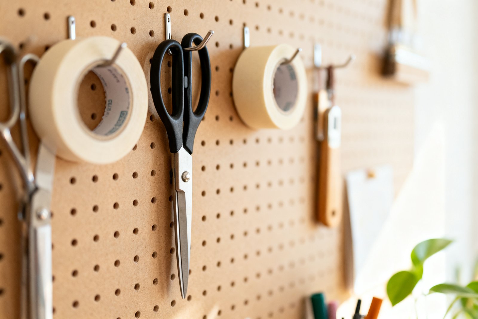 A pegboard wall holding scissors, tape, and craft tools