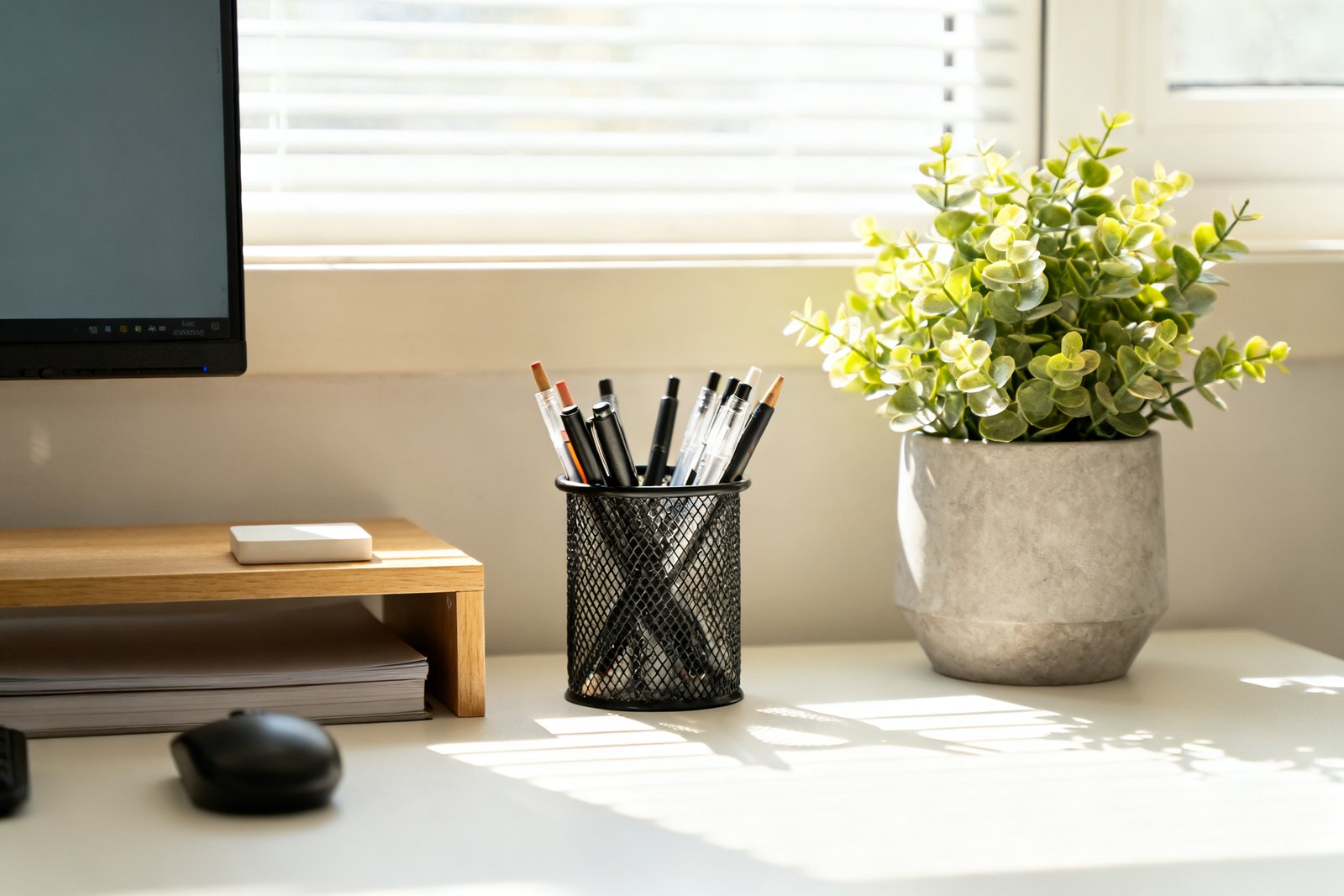 A neatly organized home office desk with a pen cup, labeled trays, a small shelf, and a plant, tidy and bright
